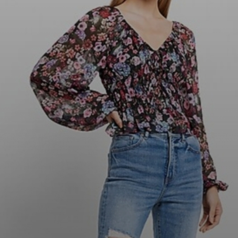 Express Black Floral Long Sleeve Peplum Crop Babydoll Blouse Top NWT XL